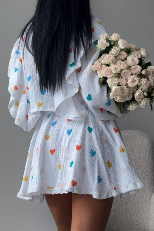 Sweet Countryside 100% cotton ruffled two-piece set with colorful heart prints and lightweight fabric