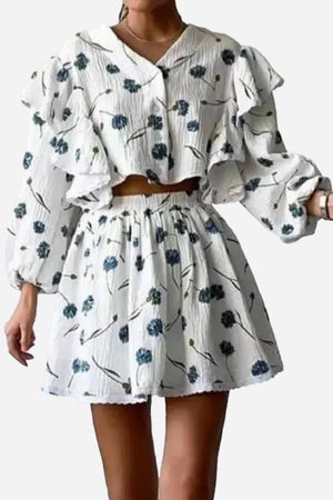 Sweet Countryside 100% cotton ruffled floral two-piece set with long sleeves and skirt