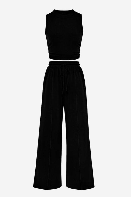 Black Stroll & Hangout Ribbed Knit sleeveless top and wide-leg pants two-piece set