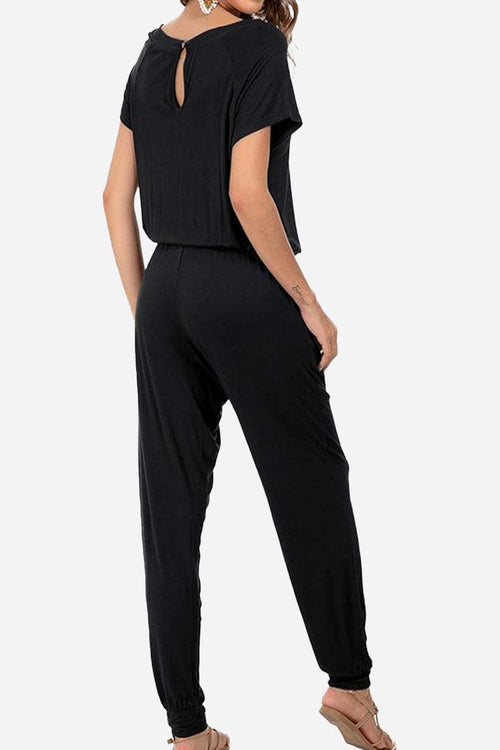 Black Moonlit Rome Off-Shoulder jumpsuit with tapered legs and short sleeves shown from back