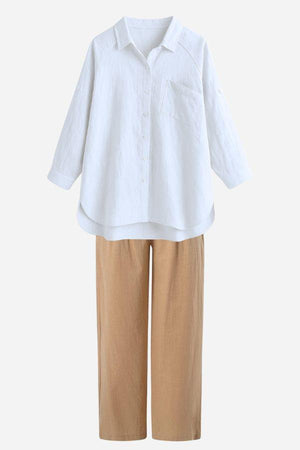 White linen-cotton blend shirt with beige high-waist pants summer outfit Linen Breeze Set