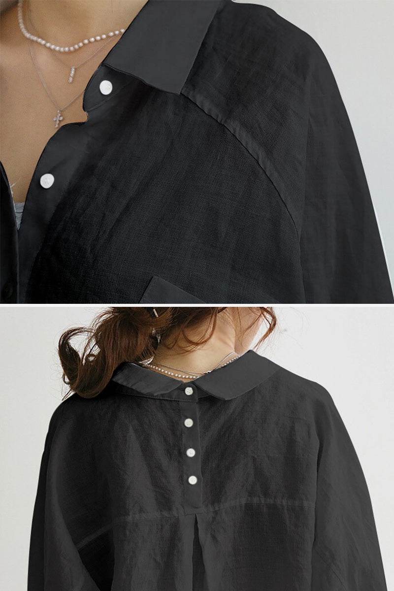 Close-up of black linen-cotton blend Linen Breeze Set shirt with white buttons and collar, breathable summer fabric.