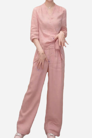 women's breathable cotton-linen pink wrap top and wide leg pants set