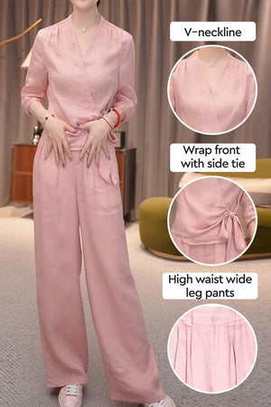 Breathable cotton-linen pink wrap top and wide leg pants set with V-neckline and side tie detail