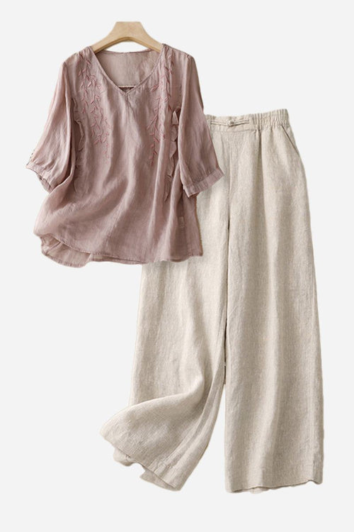 Women's 100% cotton linen blend golden hour set with embroidered blush top and high-waisted wide-leg beige trousers