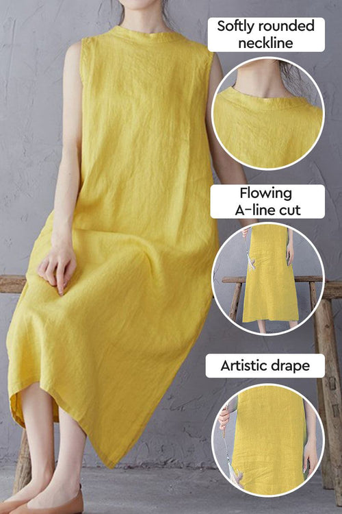 Sunrise Market 100% linen midi dress in yellow with softly rounded neckline, flowing A-line cut, and artistic drape.