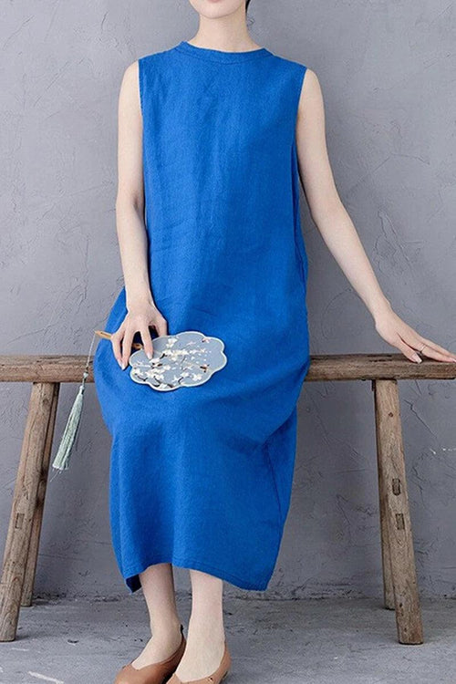 Sunrise Market 100% linen sleeveless blue midi dress with relaxed fit and breathable fabric