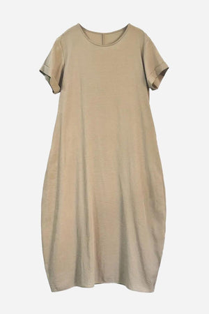Beige Breeze Cocoon Dress with rolled sleeves and deep side pockets in relaxed silhouette