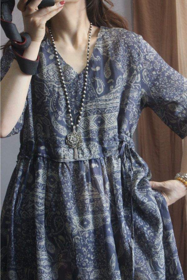 Beachside Bookstore cotton linen midi dress with vintage paisley pattern and relaxed fit.