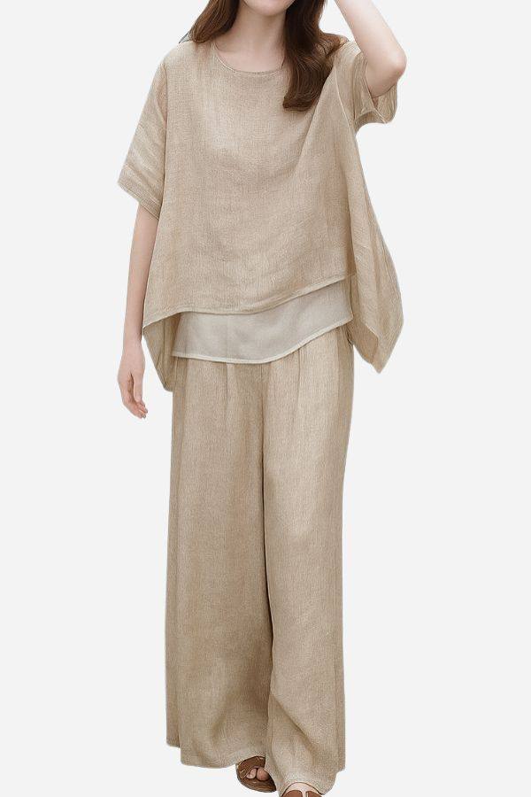 Women's Provence Cotton Linen blend two-piece set with layered top and wide-leg trousers in beige.