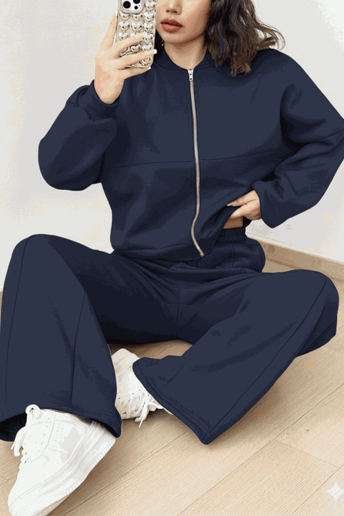 The Voyager Zip Set navy zip-front sweatshirt and wide-leg joggers travel outfit with pockets