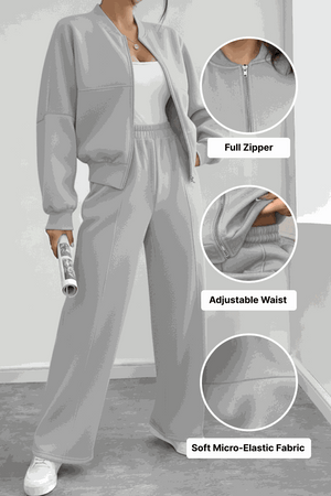 The Voyager Zip Set gray zip-front sweatshirt and wide-leg joggers with adjustable waist and soft micro-elastic fabric for comfortable travel and casual wear