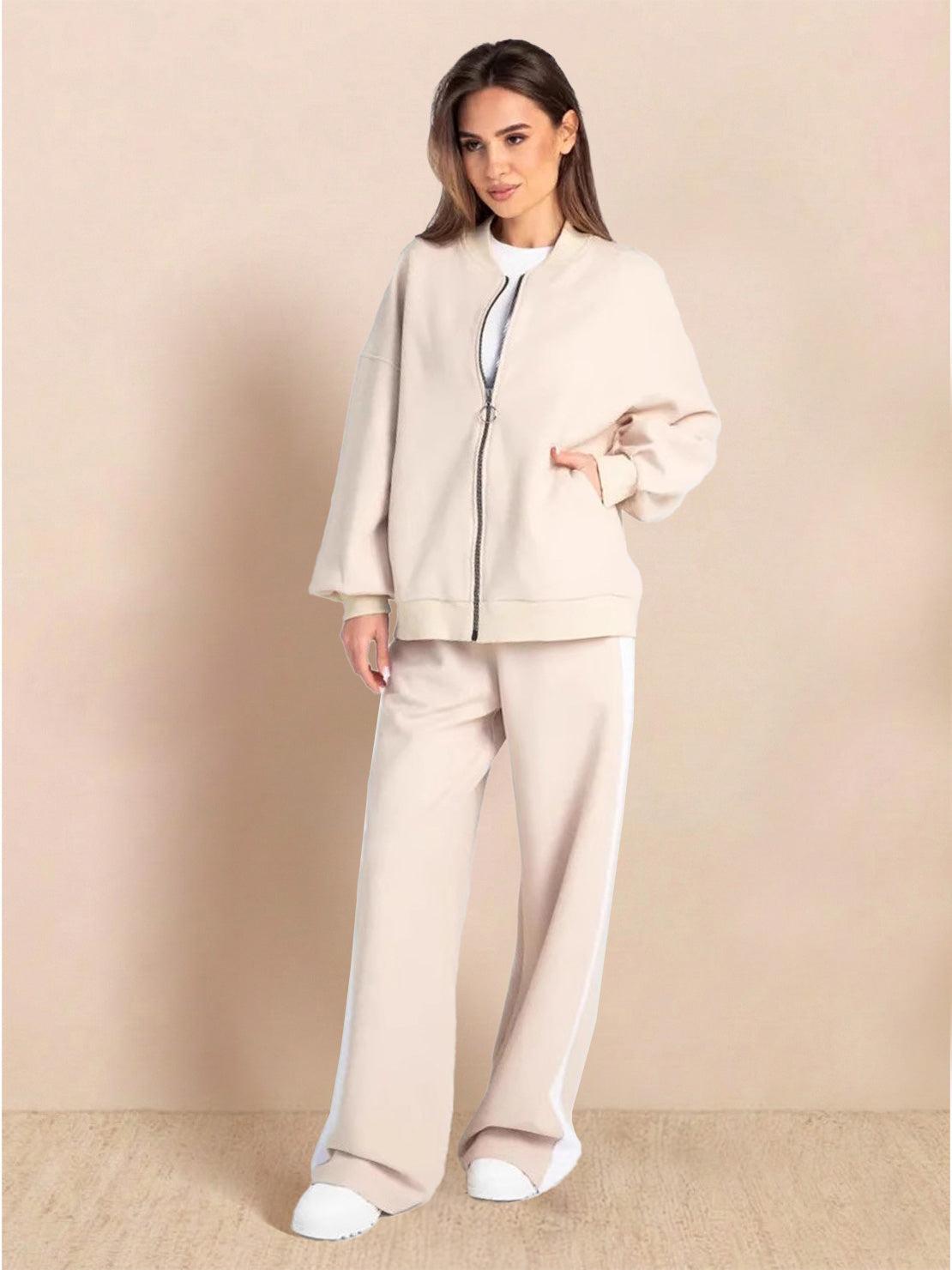 Easy Airport Lounge Set women's two-piece cotton-blend travel outfit with zip-front jacket and wide-leg pants