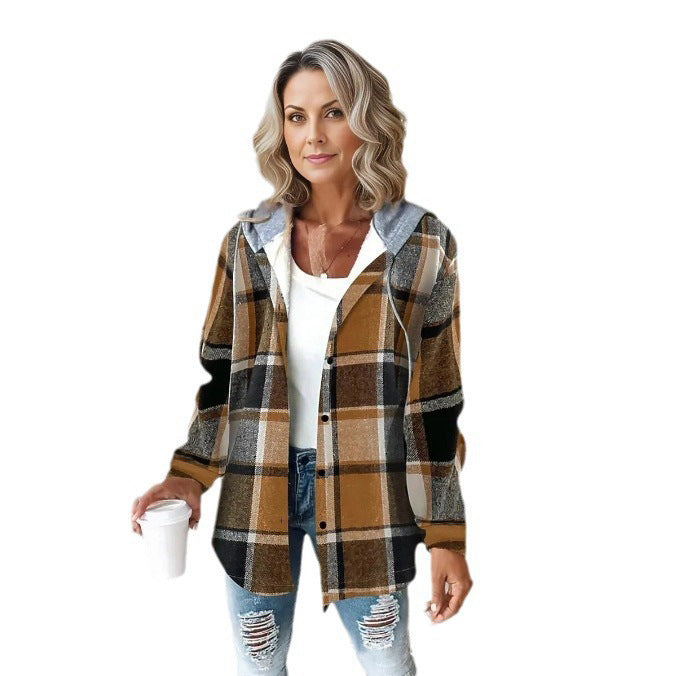 Highland Plaid Shacket women's relaxed fit button-front coat with hood and soft fleece lining in brown and black plaid pattern