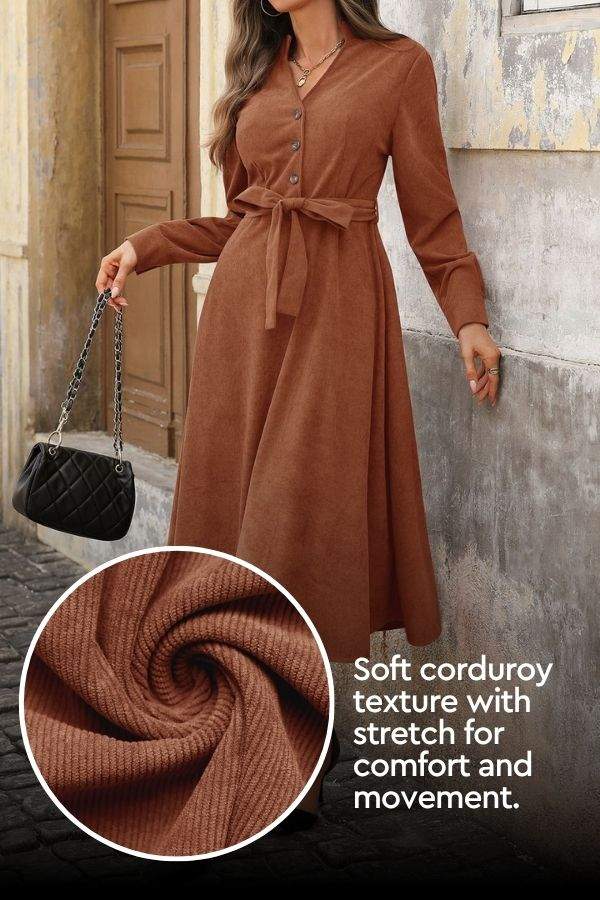 Effortlessly polished corduroy tie-waist dress in soft brown with button front and flattering silhouette