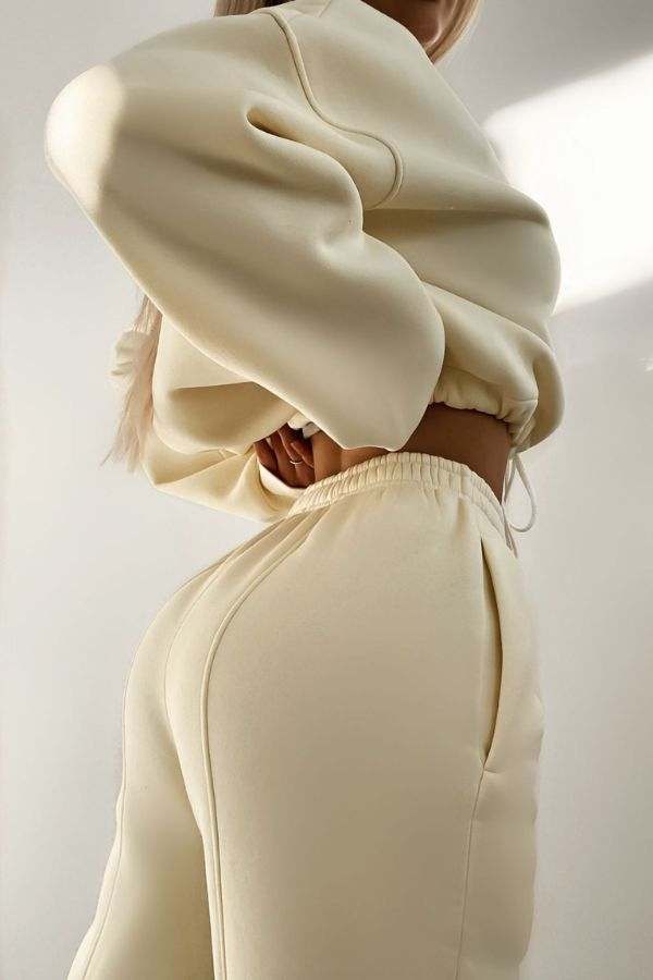 Cream-colored Storm Sweater Mock Neck athleisure set with relaxed fit and elastic waistband