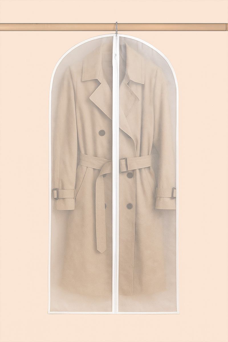 Waterproof dustproof clothing cover protecting beige trench coat on hanger against beige background