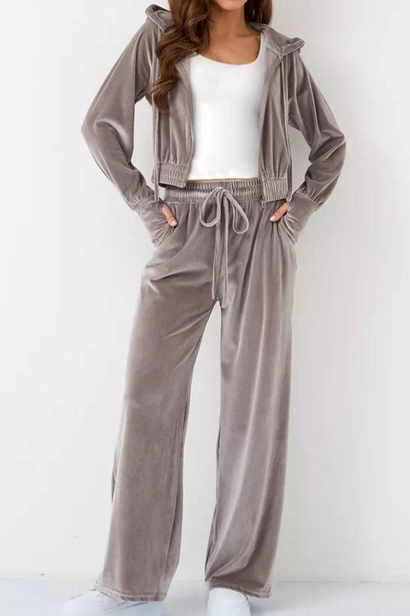 Women's grey velour tracksuit with cropped hoodie and high-waist pants