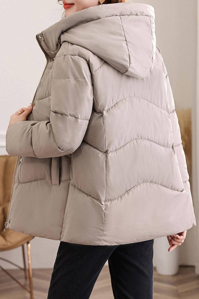 Lightweight mid-length Everyday Warmth Coat with 5-layer insulation and hood, perfect for cold weather.