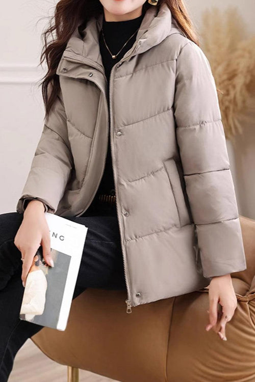 Lightweight Everyday Warmth Coat mid-length hooded insulated beige jacket for women