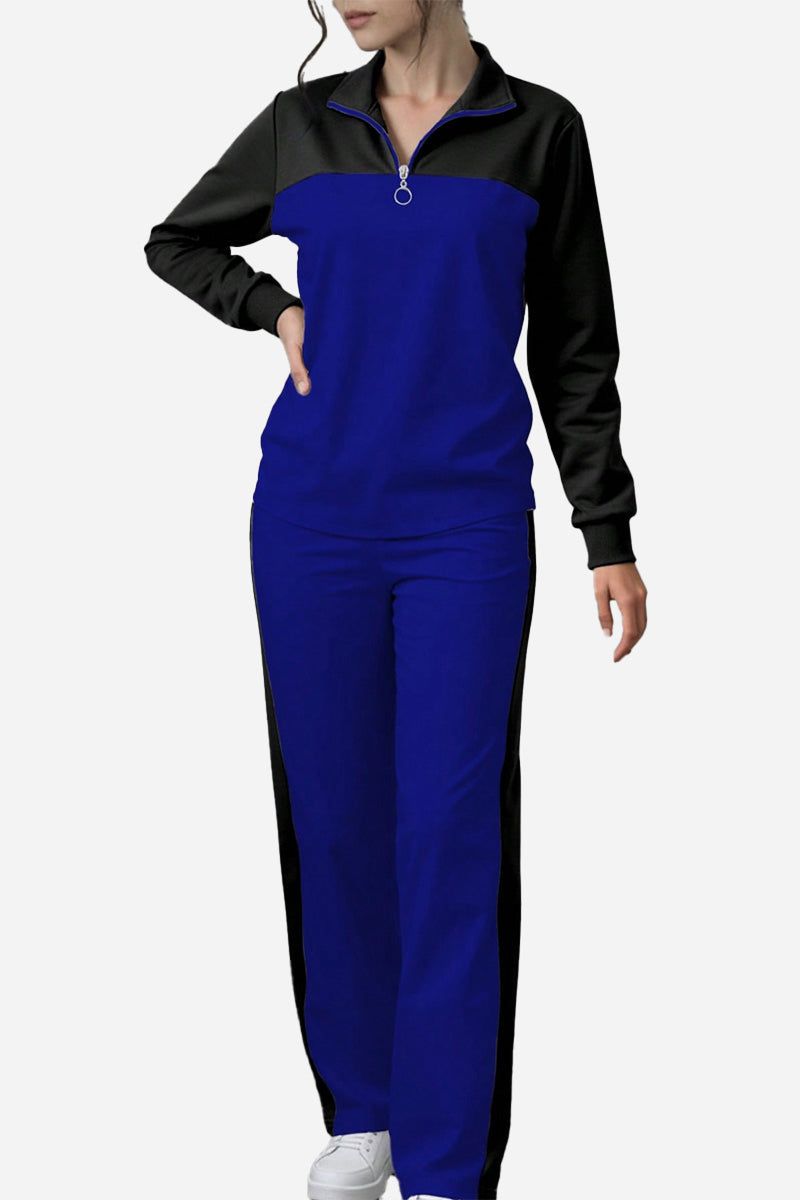Colorblock Comfort Leisure Set with half-zip collar and wide-leg pants in blue and black for cozy winter wear
