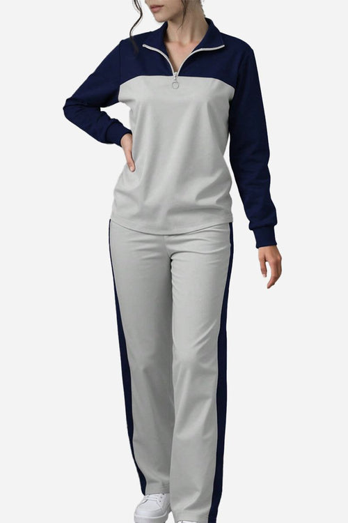 Colorblock Comfort Leisure Set with navy and gray half-zip top and wide-leg pants, cozy winter outfit