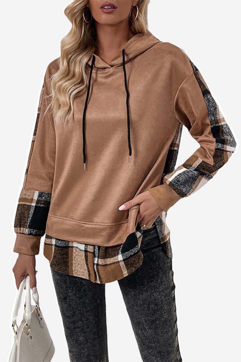 Brown countryside layered hoodie with plaid accents on hem, cuffs, and sleeves worn by a model