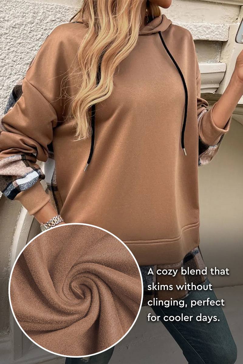Countryside Layered Hoodie with built-in plaid hem and cuffs, relaxed fit, and soft velvet-touch fabric in brown.