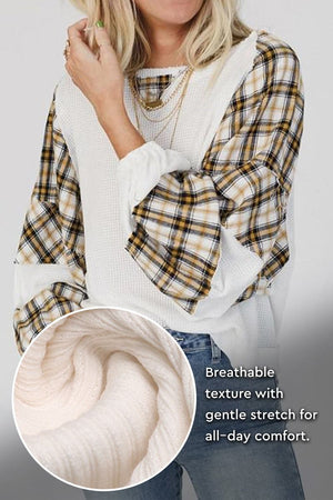 Waffle knit plaid sleeve sweatshirt with breathable texture and soft stretch for all-day comfort