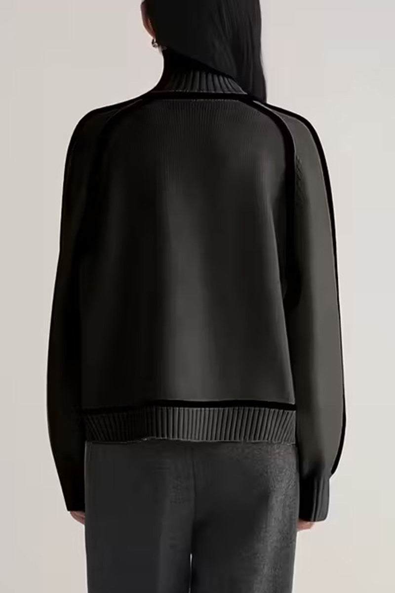 Back view of black Zero Itch Turtleneck Sweater with slimming contrast trim and relaxed fit.
