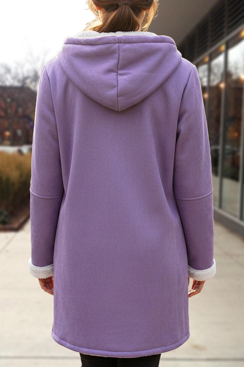 Back view of a woman wearing a lavender Warm Toggle Button Hooded Coat with sherpa lining and hood outdoors