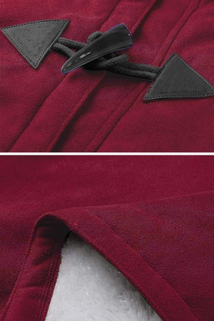 Close-up of warm toggle button closure and plush sherpa lining on burgundy Warm Toggle Button Hooded Coat