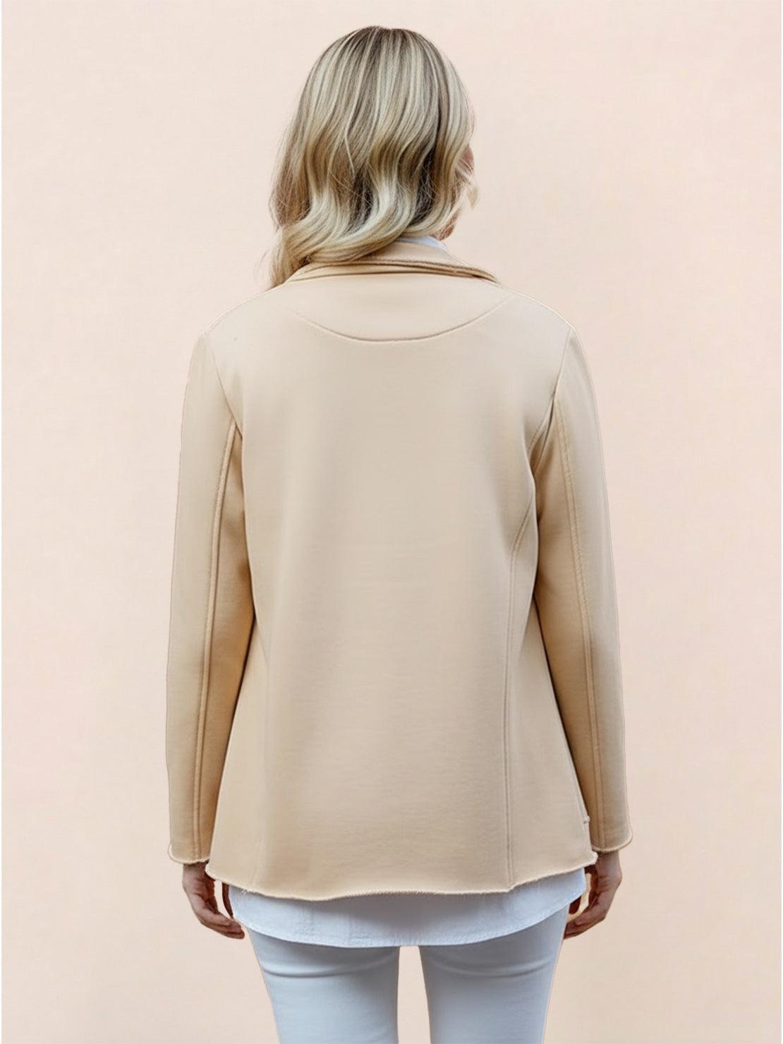 Modern double-breasted blazer with raw-edge seaming and patch pockets