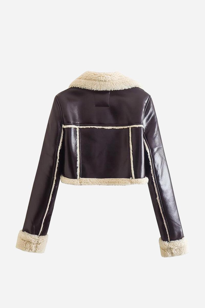 Cropped faux leather sherpa jacket with cream trim and soft sherpa lining
