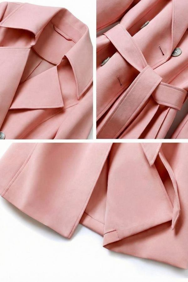 Close-up details of a pink timeless retro belted trench coat showing wide lapels, double-breasted buttons, and adjustable waist belt