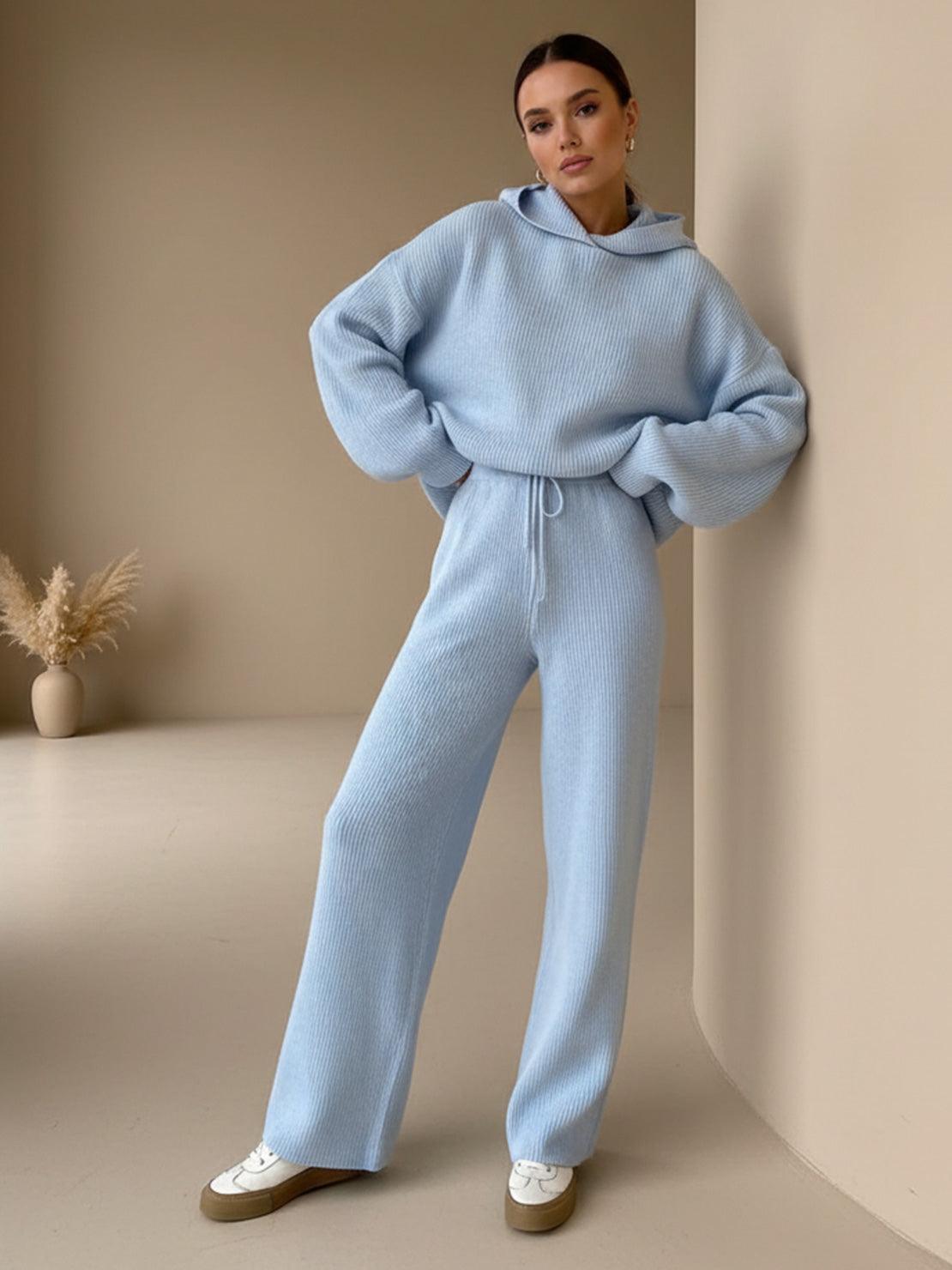 woman wearing light blue waffle-knit two-piece hoodie and pants lounge set