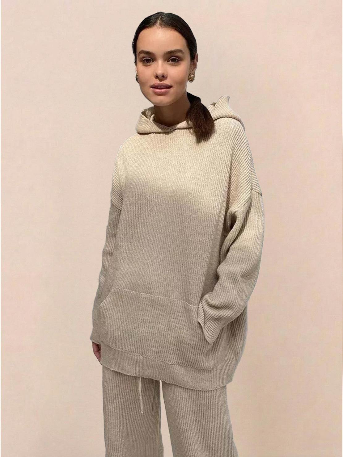 womens waffle-knit two-piece hoodie and pants loungewear set in neutral tone with relaxed fit and soft ribbed texture
