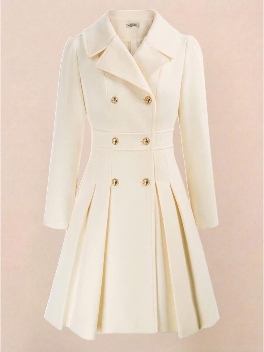 Tailored fit and flare trench coat with A-line silhouette and double-breasted buttons.