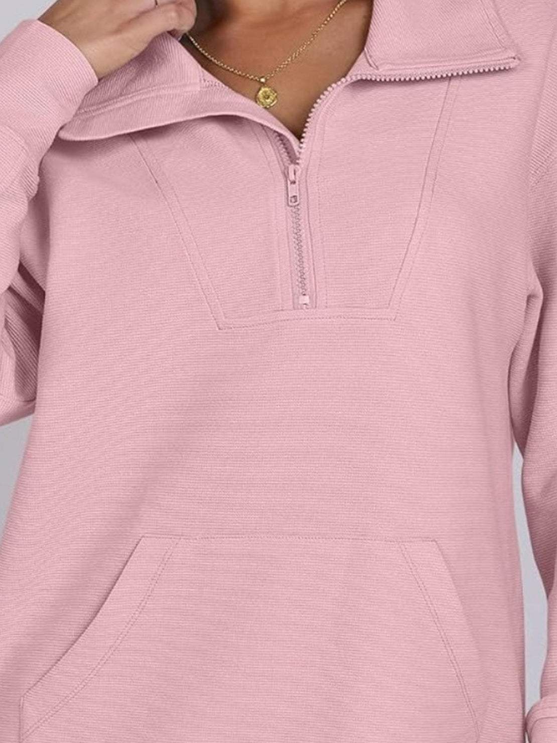 Women's half-zip waffle pullover sweater with kangaroo pocket and fold-over collar in neutral tone