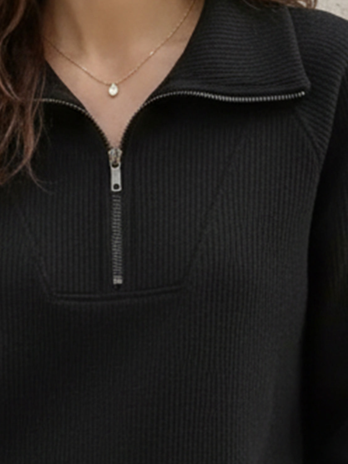 Half-Zip waffle pullover with fold-over collar and kangaroo pocket in neutral tones