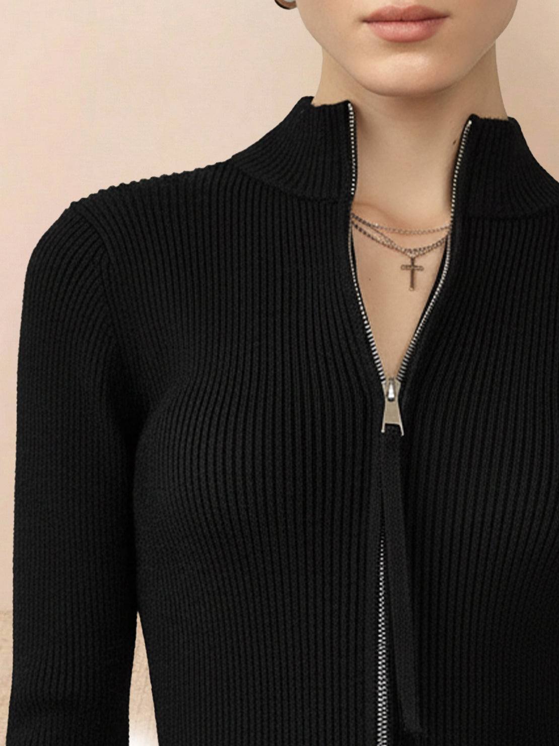Black ribbed zip-up knit cardigan jacket with high neckline and fitted cuffs