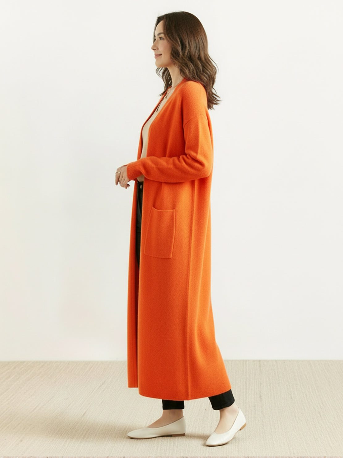 Long Australian Merino Wool cardigan with open front and patch pockets