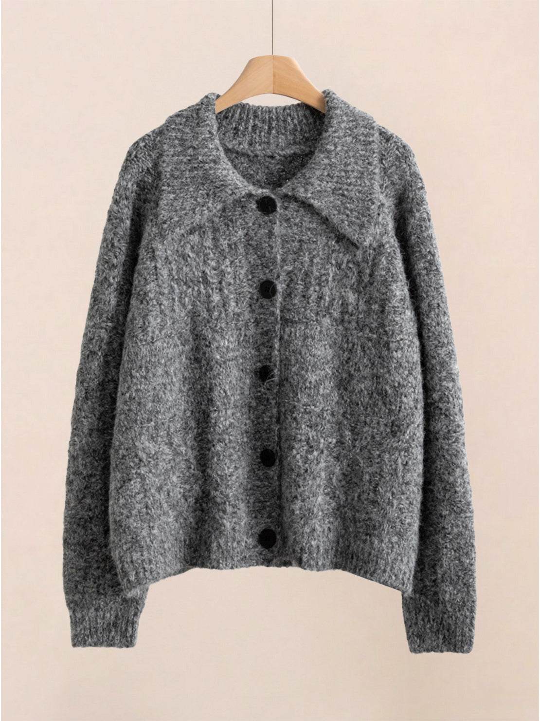 Wool-blend button-front cardigan with wide collar and drop-shoulder sleeves for lightweight warmth and layering