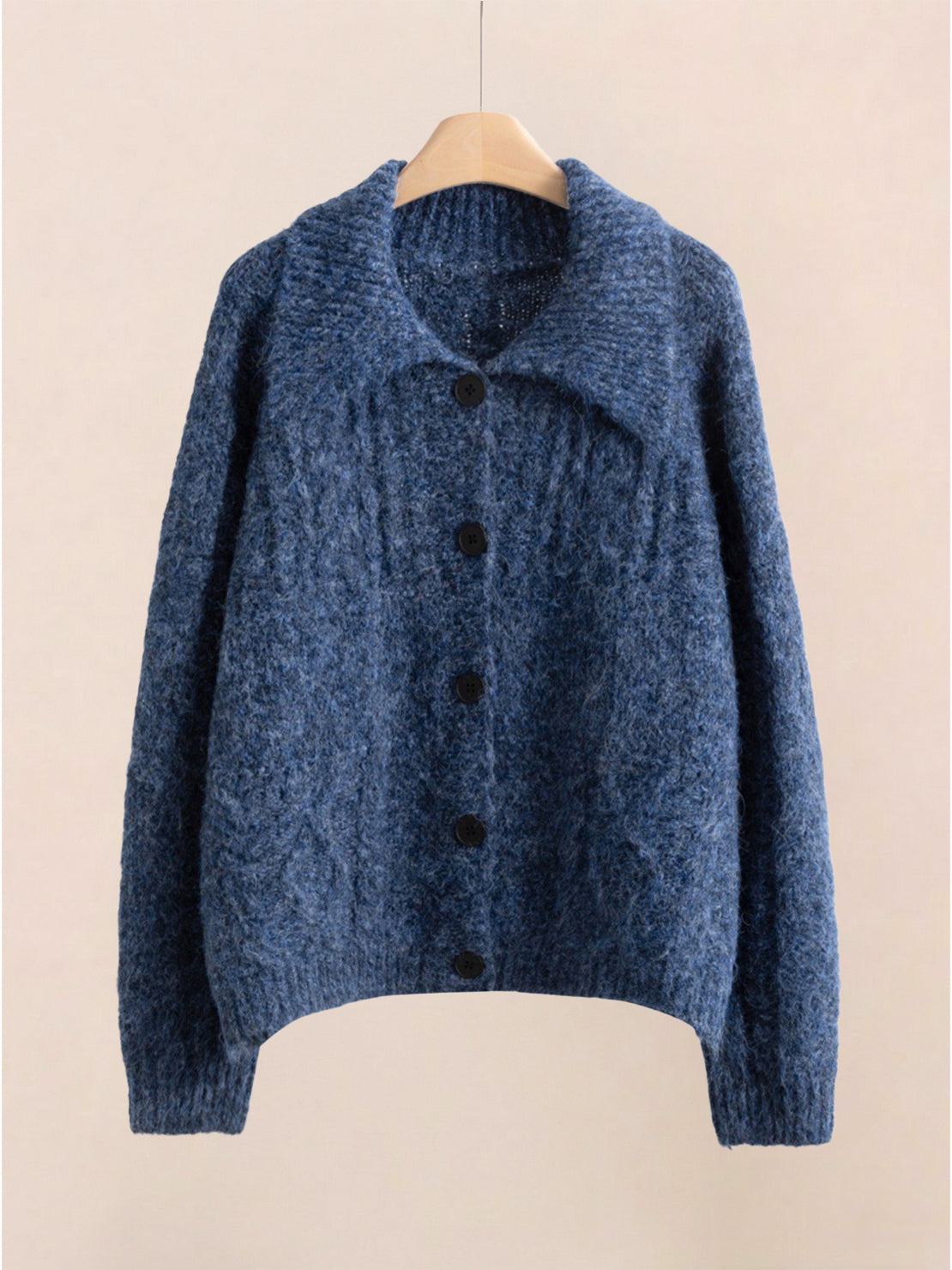 Wool-blend button-front cardigan with wide collar, five buttons, lightweight warmth, and anti-pilling knit for layering.