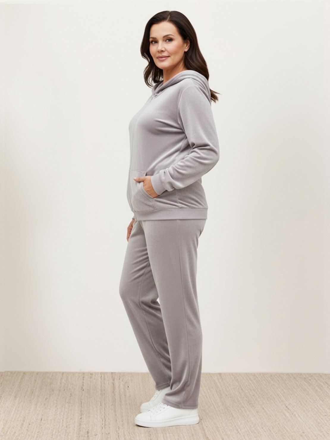 Plus size velour zip-up tracksuit with hoodie and straight-leg pants in soft fabric