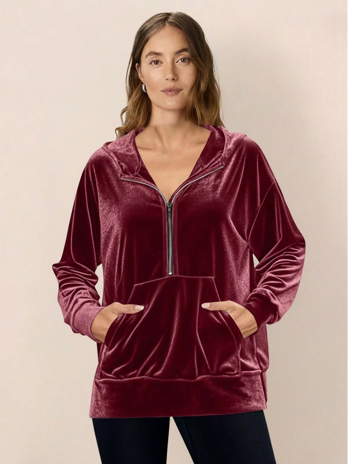 Ultra-soft velvet half-zip hoodie with kangaroo pocket and relaxed fit