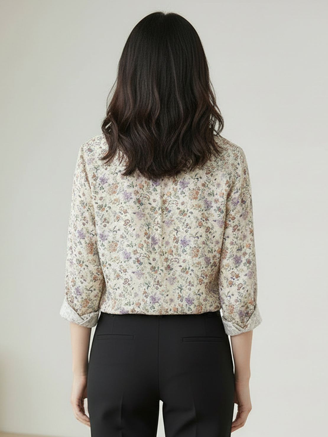 women's floral button-down shirt with long sleeves and relaxed fit