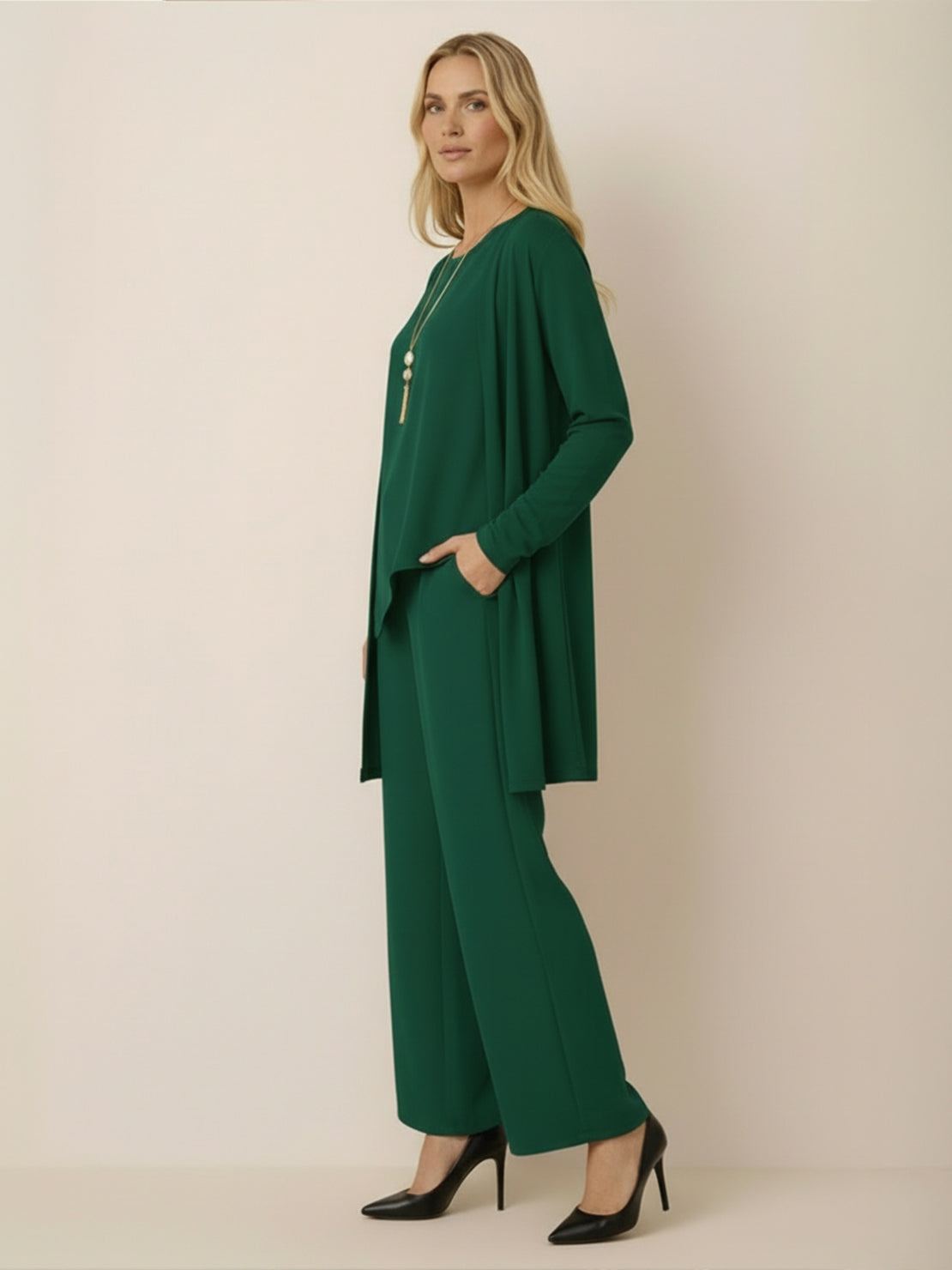 Open-front three-piece co-ord featuring longline cardigan, tank top, and wide-leg trousers in lightweight knit fabric