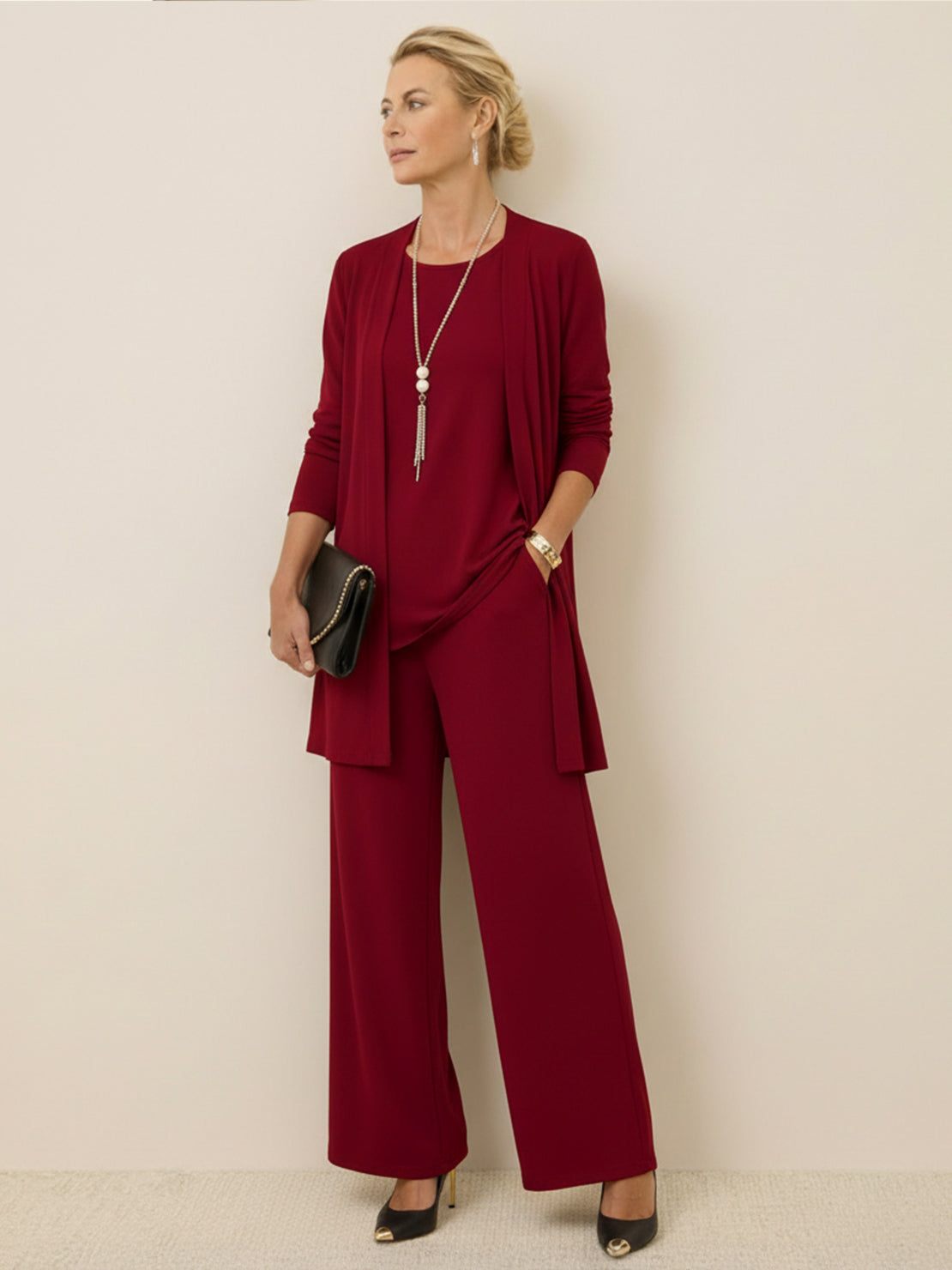 Open-front three-piece co-ord with longline cardigan, tank top, and wide-leg trousers in lightweight knit fabric