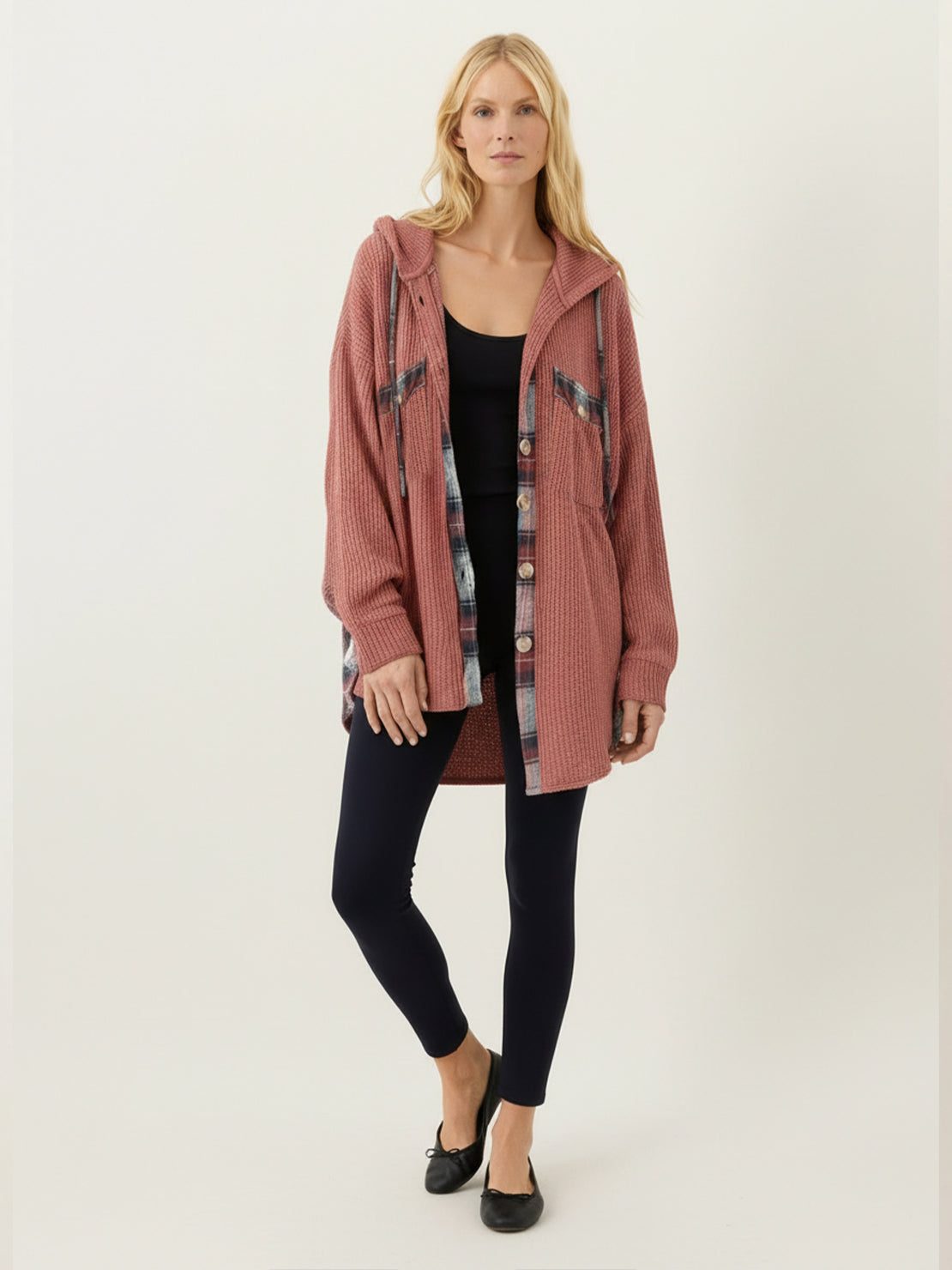 CloudKnit oversized hooded shacket with waffle knit texture and button-front closure